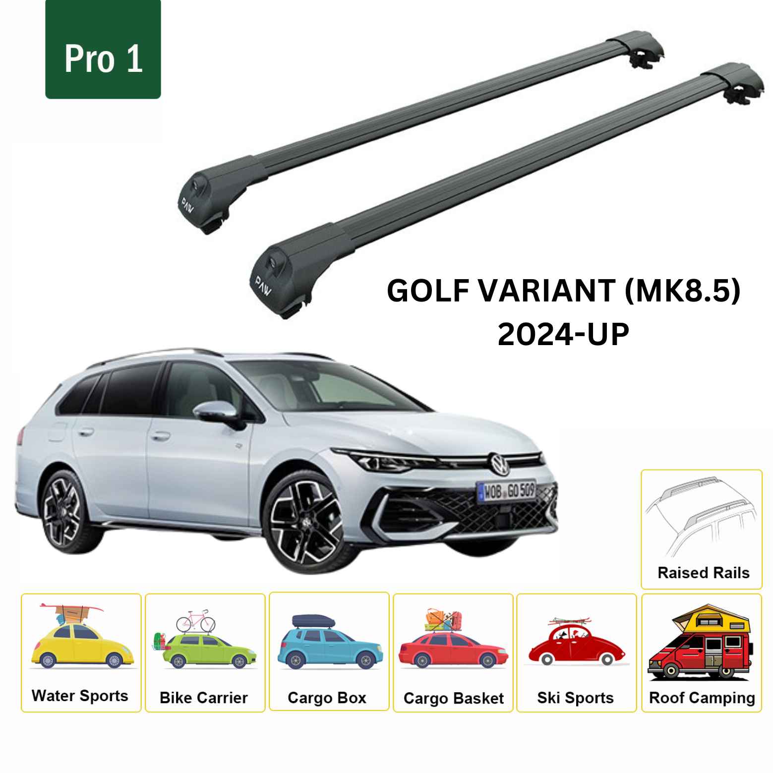 For Volkswagen Golf Variant (MK8.5) 2024-Up Roof Rack Cross Bar Raised Rail Alu Black For Volkswagen Golf Variant (MK8.5) 2024-Up Roof Rack Cross Bar Raised Rail Alu Black